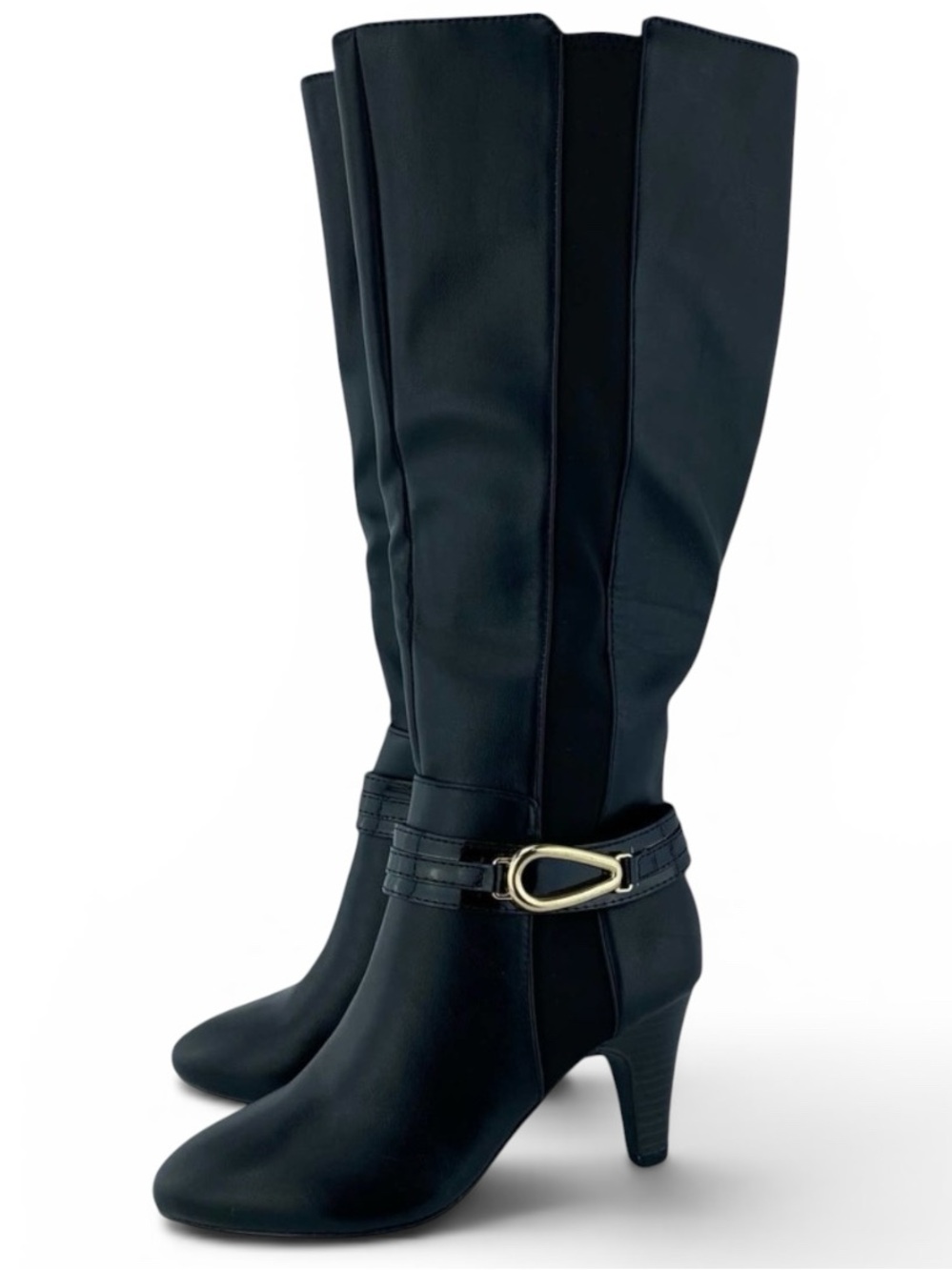 Karen Scott Holdenn Black Wide Calf Knee High Boots Women’s 5W Gold Buckle